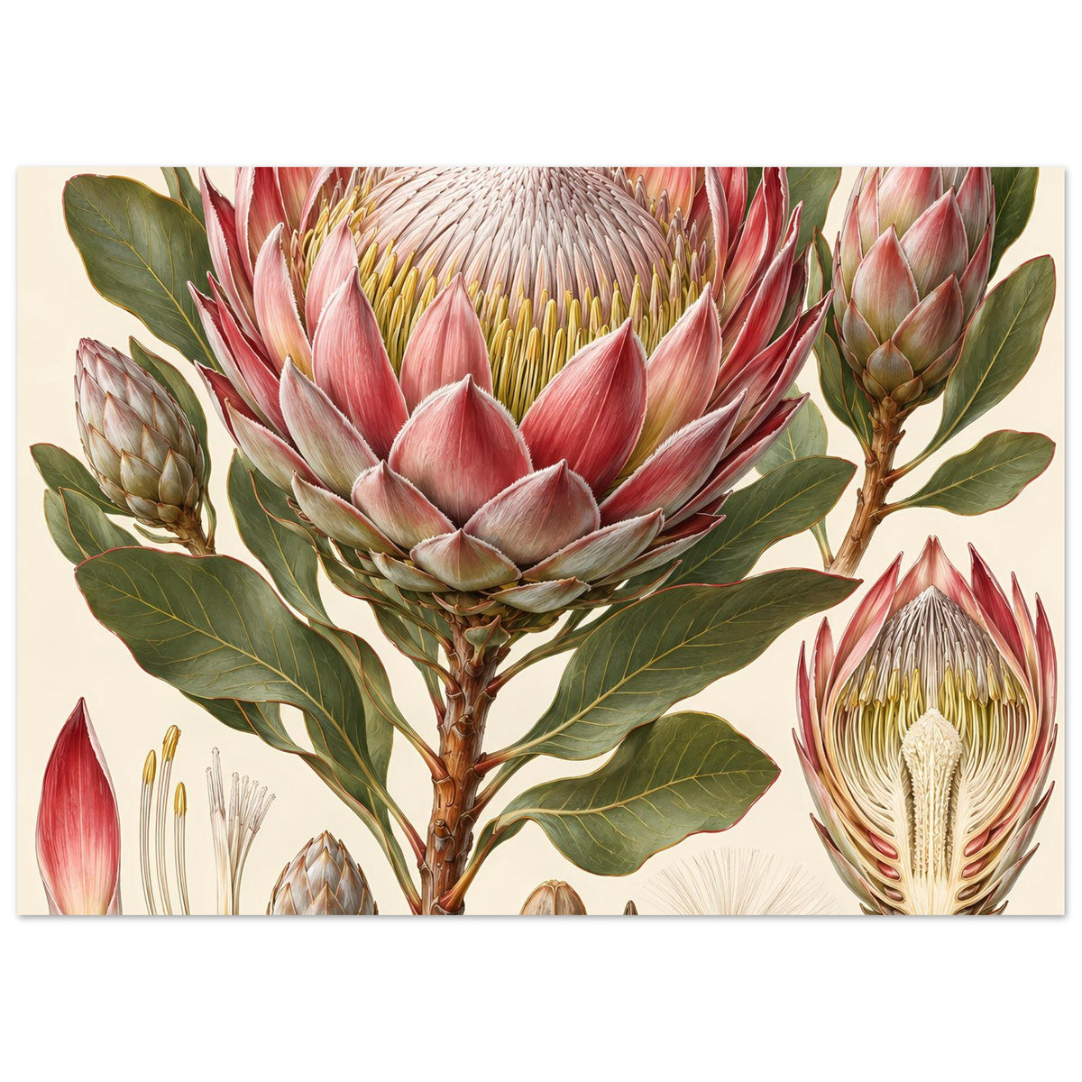 Botanisches Protea-Blumenposter auf matter Papierfläche, große Protea-Blüte mit Blättern