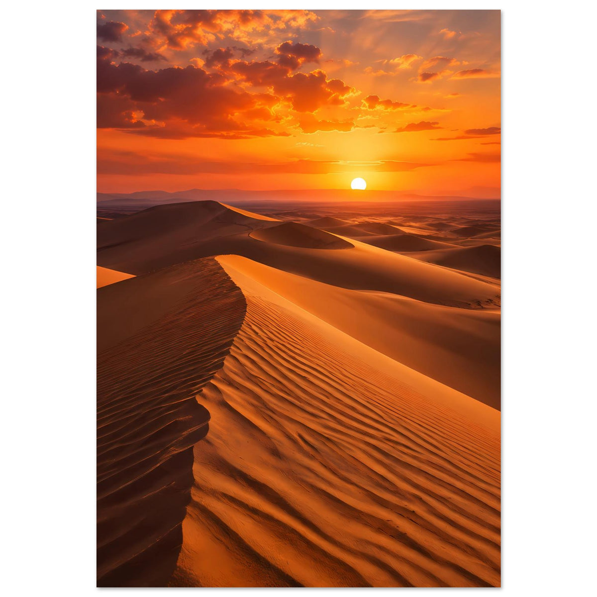 Wandposter mit Sonnenuntergang über Dünen, helle Sandrillen und dunkle Kämme
