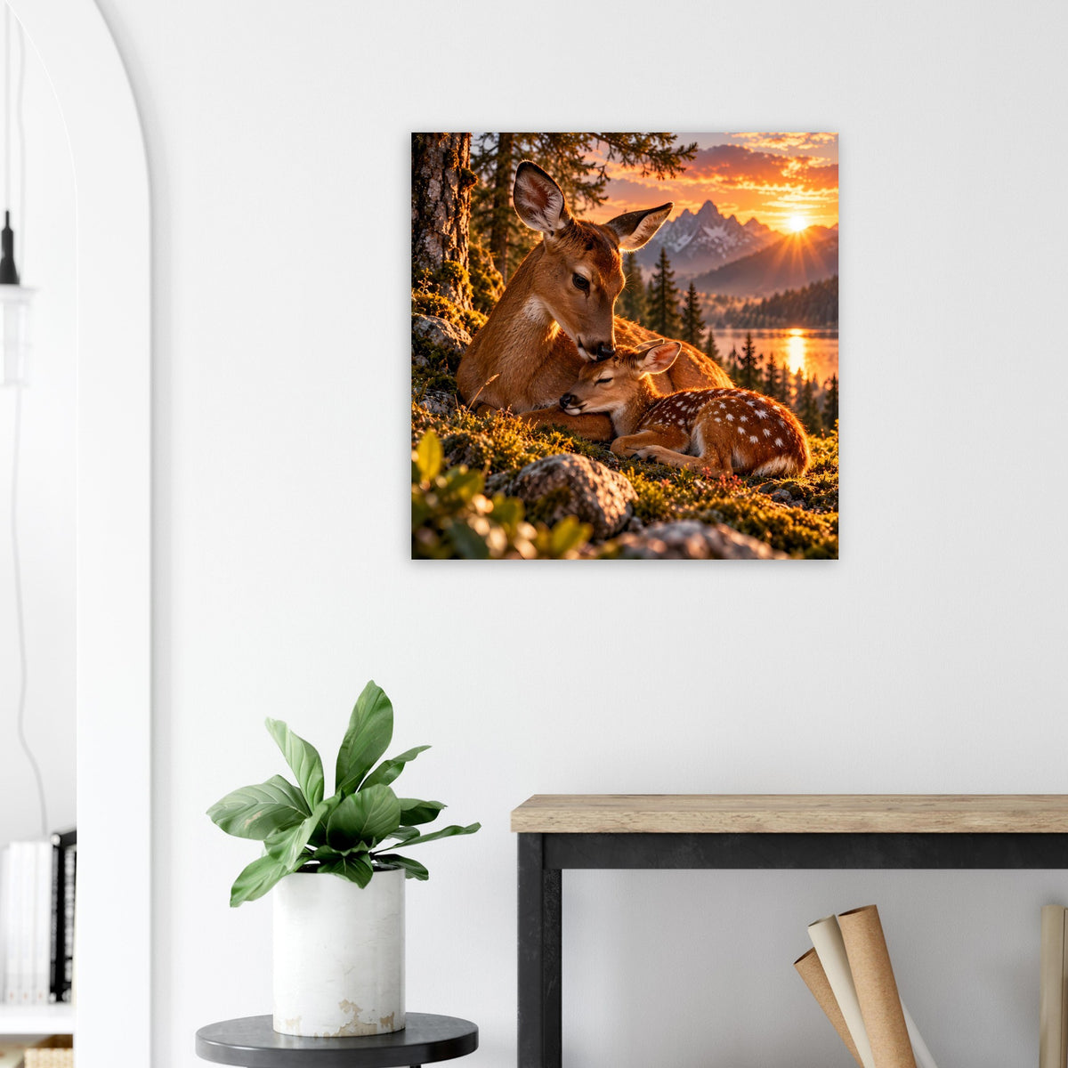 Quadratisches Poster mit Hirschpaar, Sonnenstrahl am Horizont und Waldlandschaft