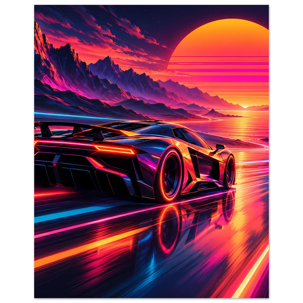 Poster mit futuristischem Supercar, dunkler Wagenkörper, reflektierende Strecke in Neonlicht.