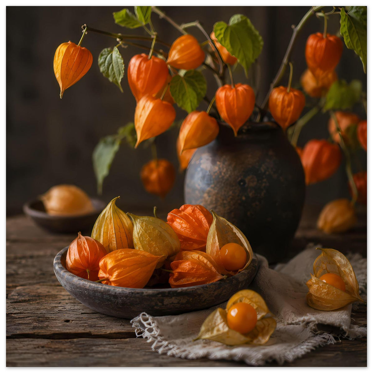 Herbstliches Poster mit orangegelben Lampionblumen, Schale und Vase im Hintergrund