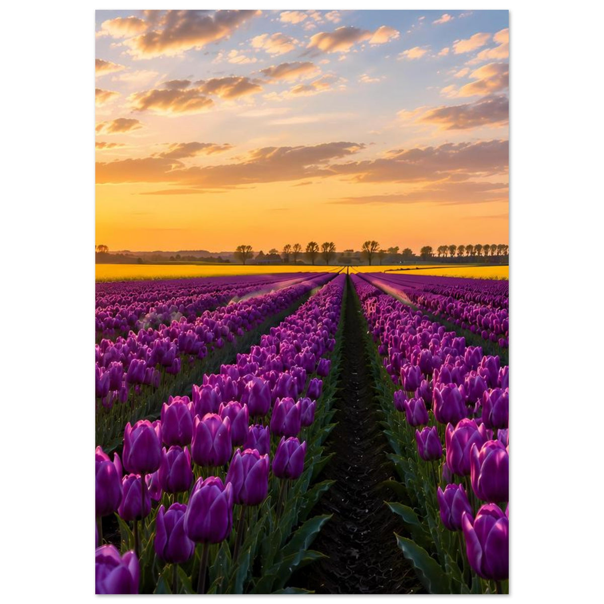 Vertikales Poster mit lila Tulpenfeld und Feldweg, Sonnenuntergang im warmen Licht