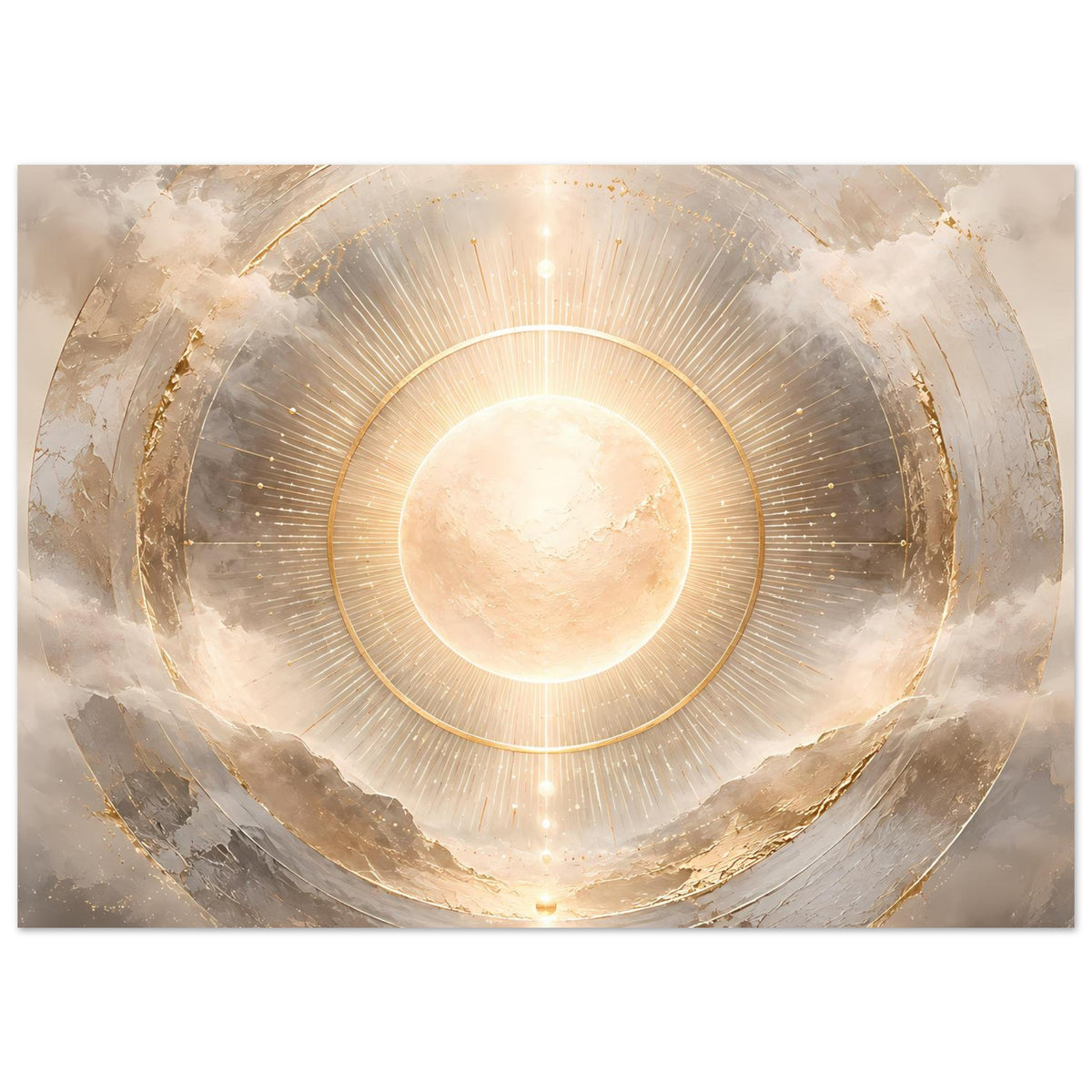Kosmos-Poster horizontal: goldene Sonne mit konzentrischen Ringen und feinen Strahlen