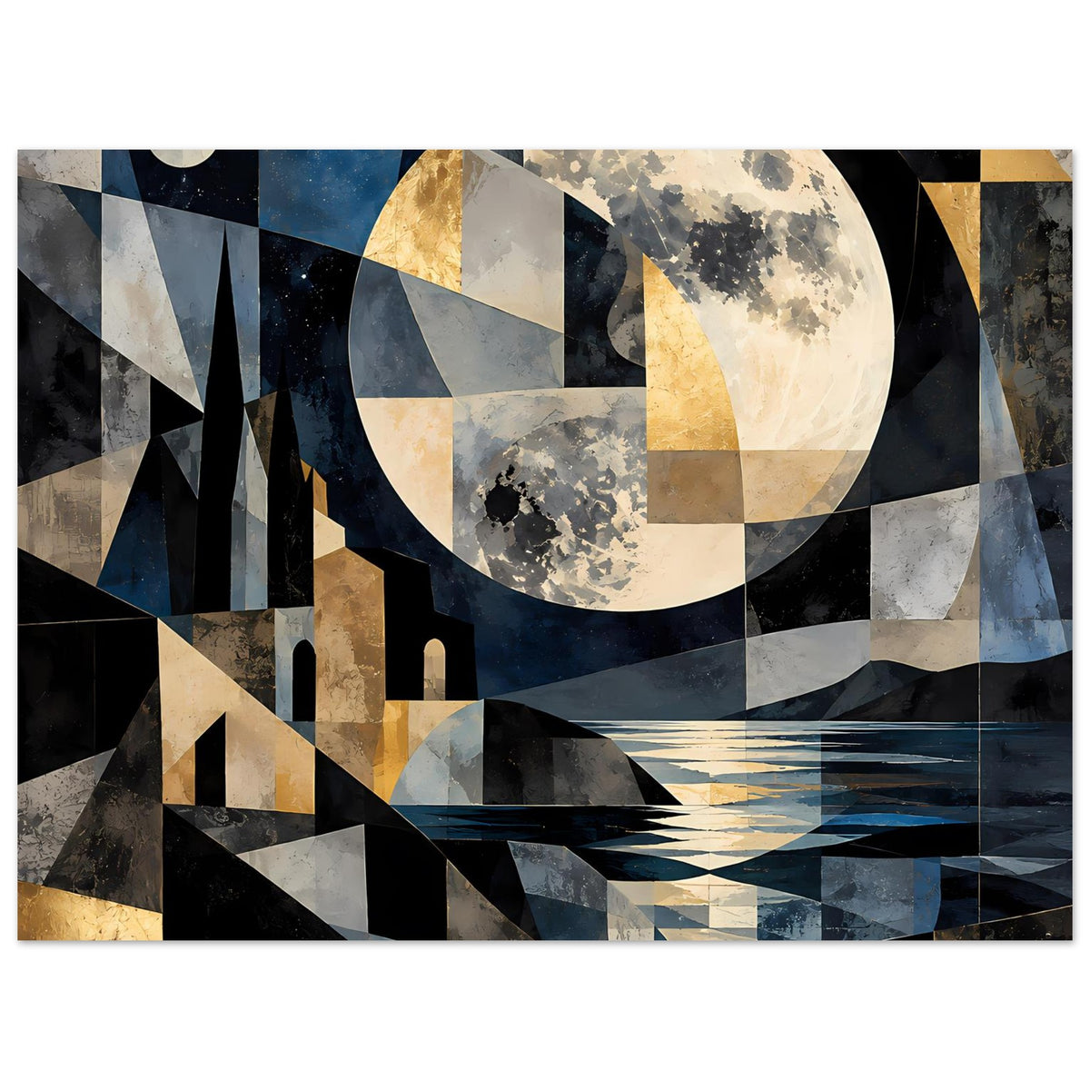 Poster im Querformat mit geometrischer Mondlandschaft, Türmen und Brücke in Blau/Grau/Gold