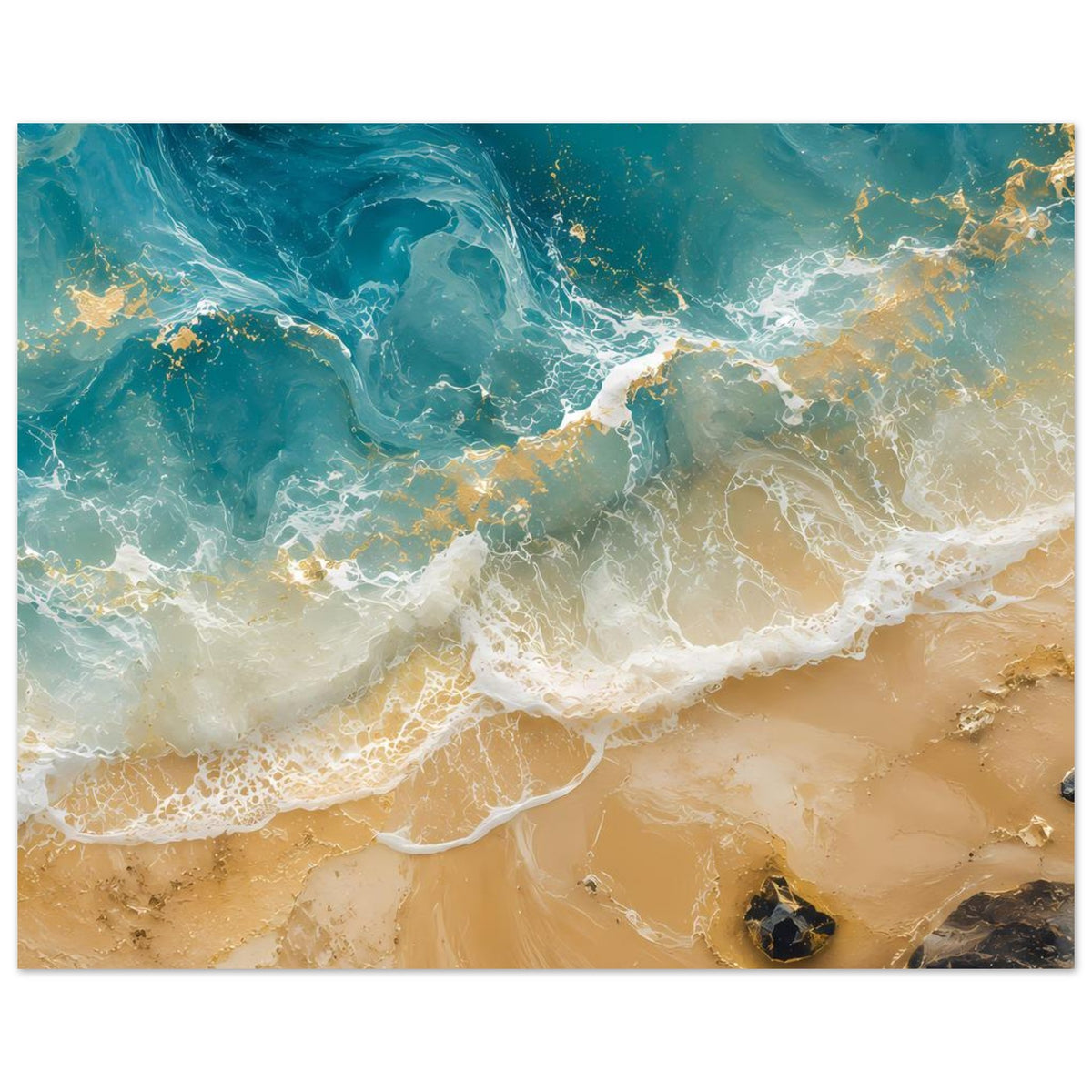 Poster im Querformat mit Wellen und Küstensand, türkise und blaue Wasserflächen mit goldenen Reflexen