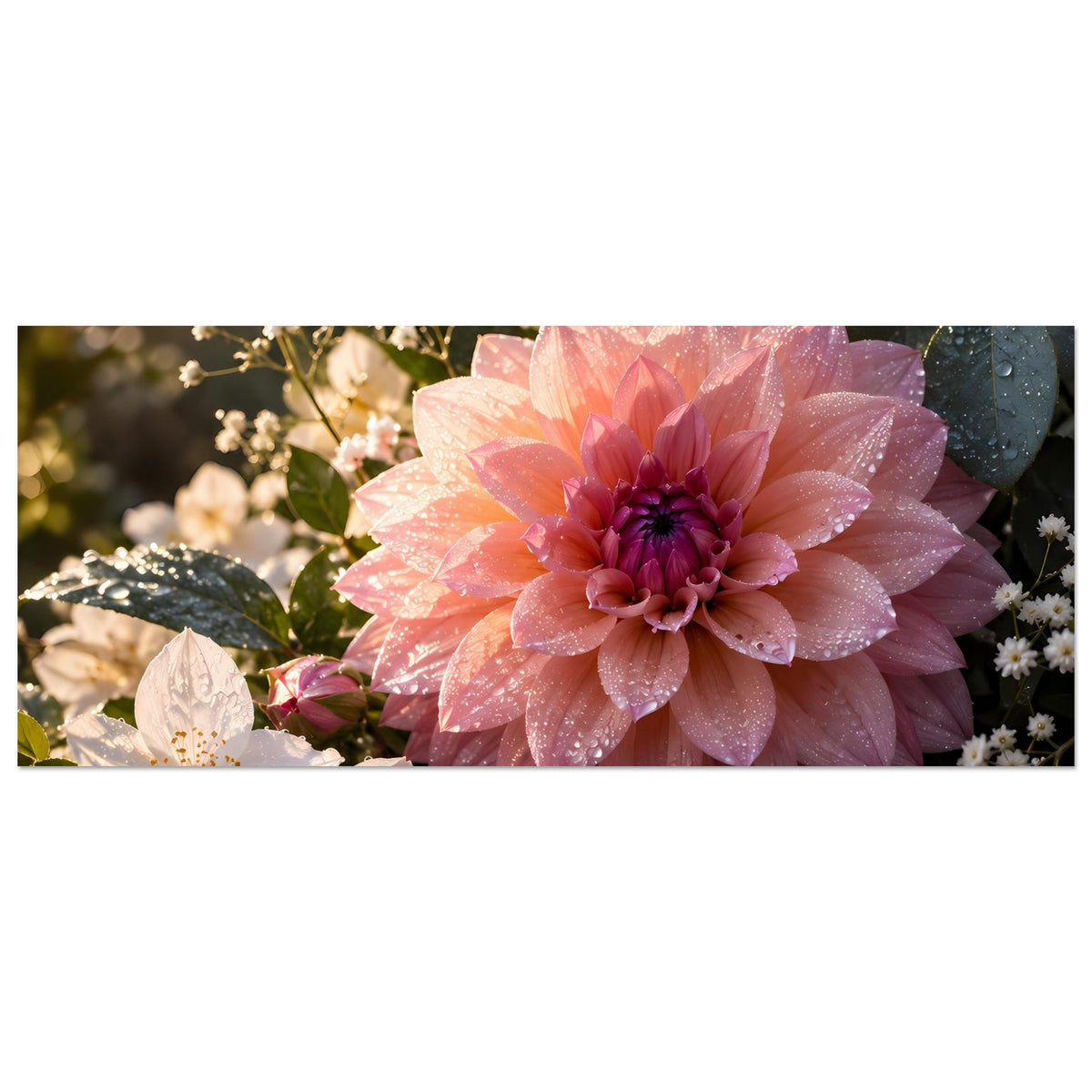 Blumenposter (Querformat) mit großer rosa Blüte und weißen Blüten, mit Wassertropfen