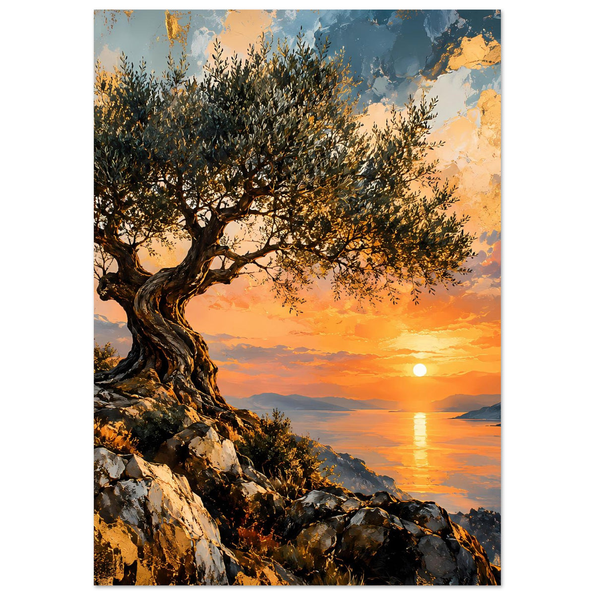Poster im Hochformat mit Olivenbaumkrone, Sonnenuntergang über dem Meer und Lichtreflex