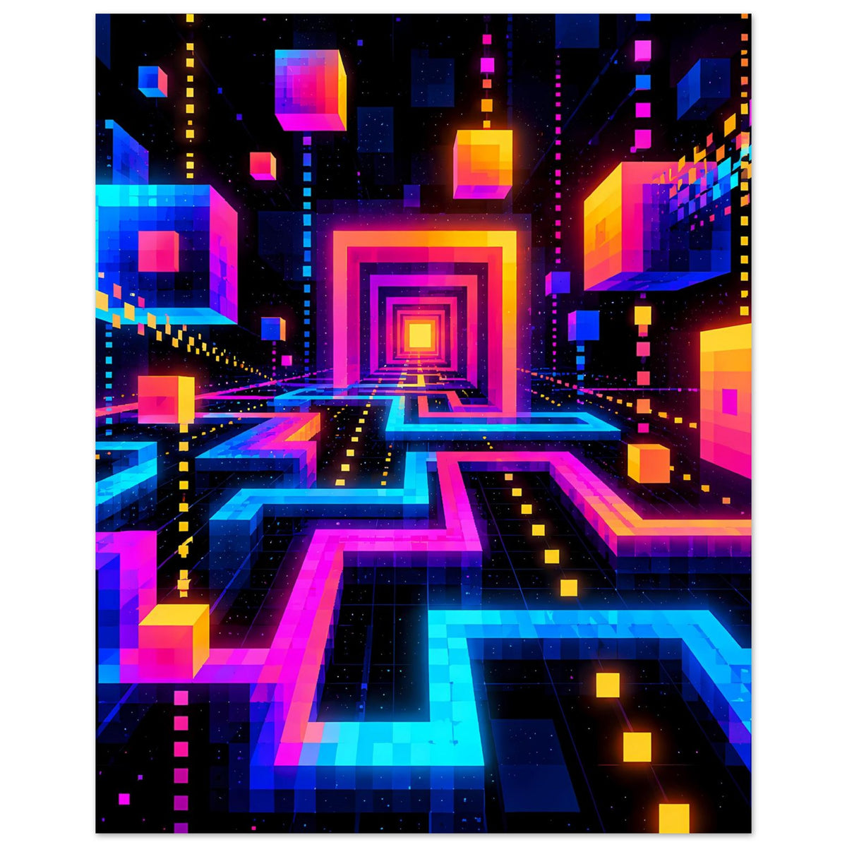 Futuristisches Poster mit leuchtenden Neon-Wegen und Würfelstrukturen in Blau und Magenta
