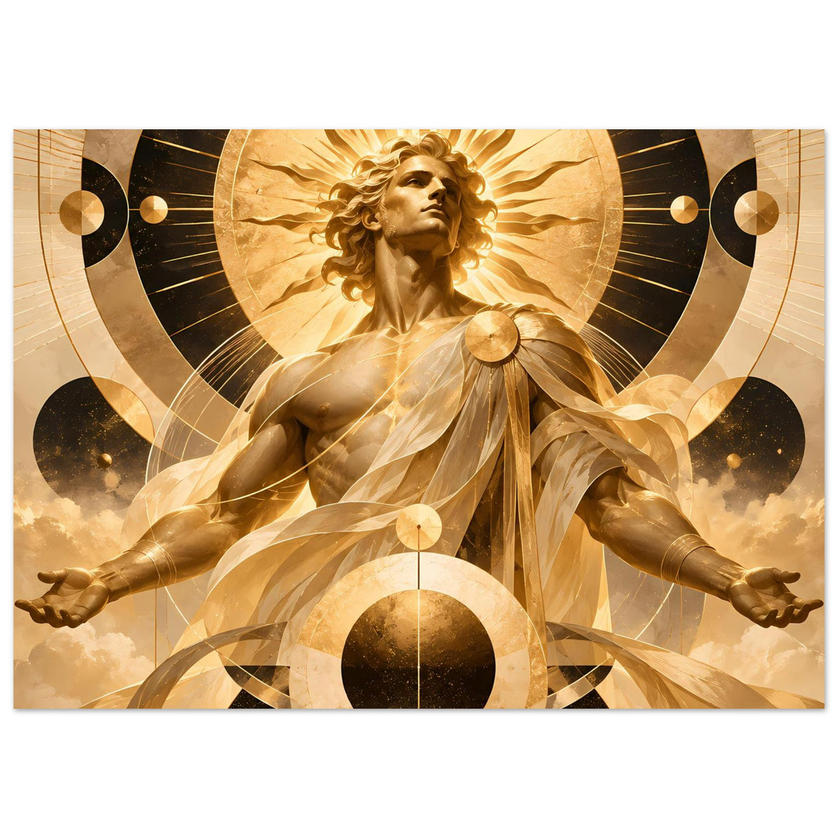 Poster mit goldener Engelstatue, wallender Gewandung und zentralem Lichtkreis