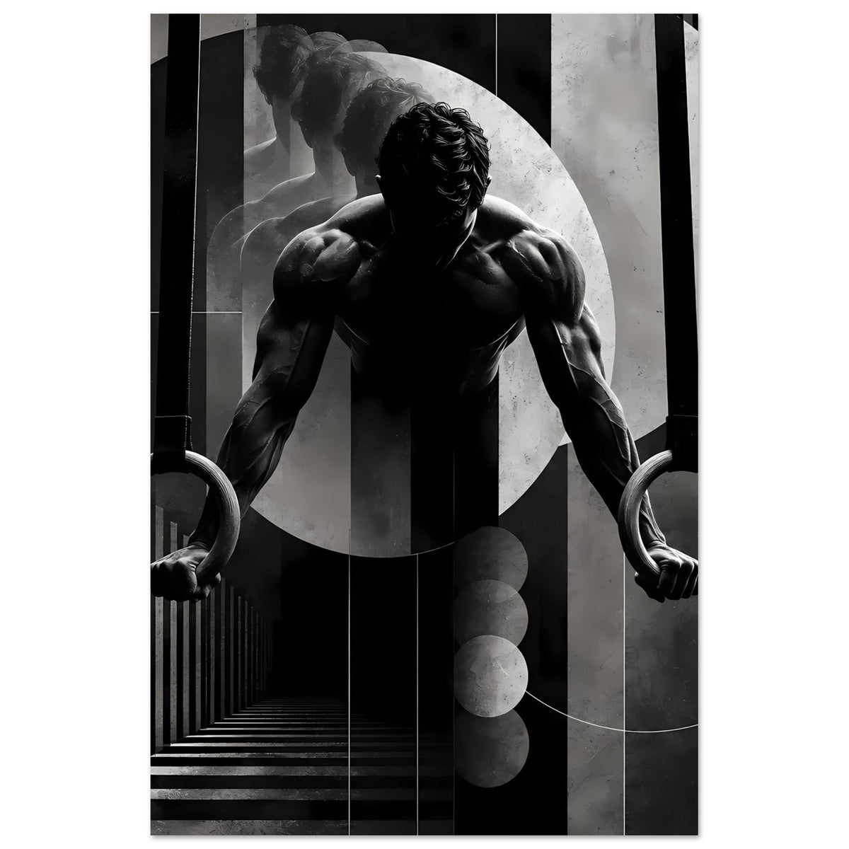 Schwarzweiß-Gymnastikposter mit Turner an Ringen im Hochformat