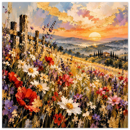Landschaftsposter mit Mohnblumen in einer Sommerwiese, Zaun links und Abendsonne