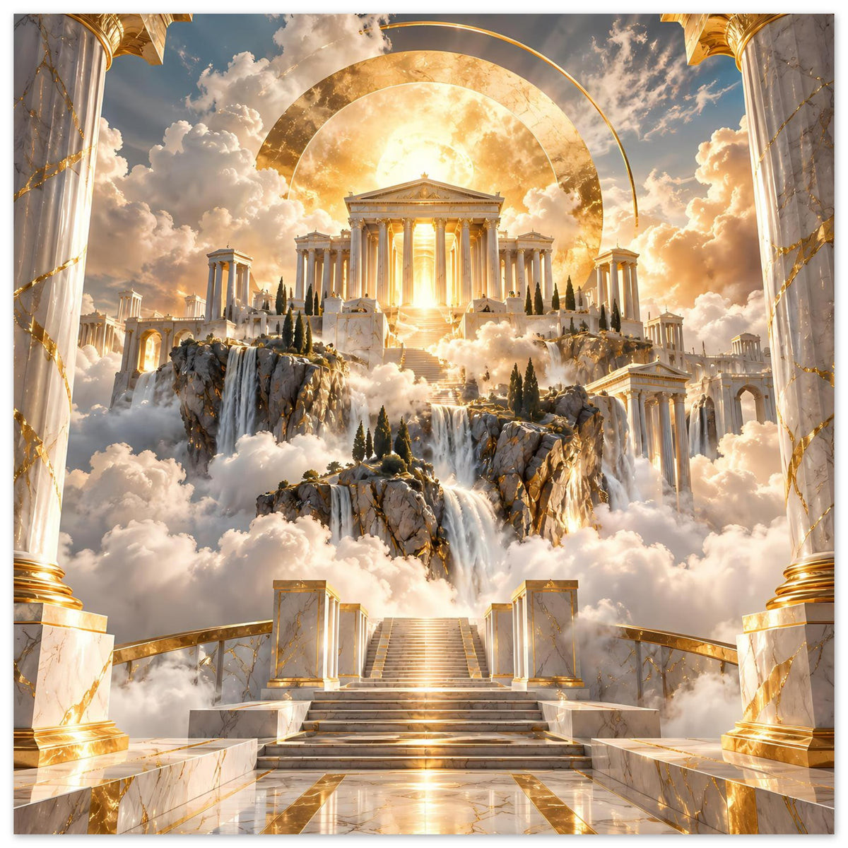 Poster mit Tempel, Wasserfällen und goldenen Säulen im leuchtenden Sonnenkreis