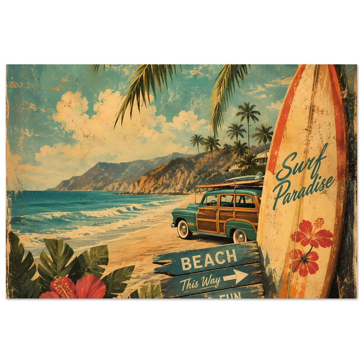 Vintage Strand-Poster mit Palmen, Surfboard und grüner Aufschrift „SUN & FUN“