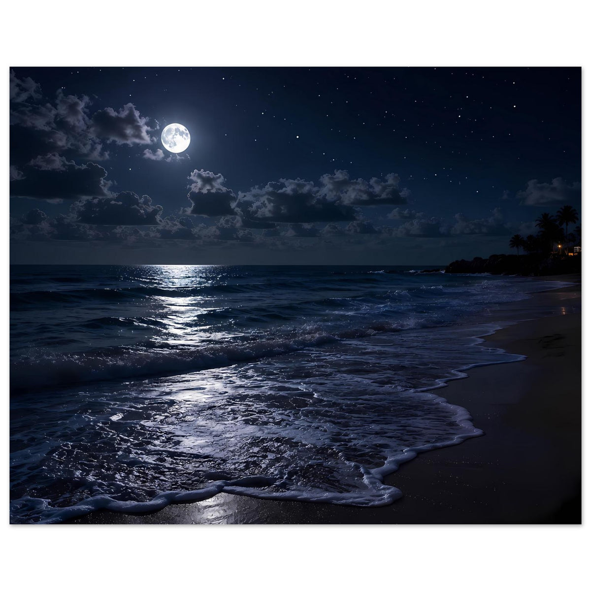 Horizontales Poster mit Mondlicht auf dem Wasser, schimmerndem Ufer und Wellen