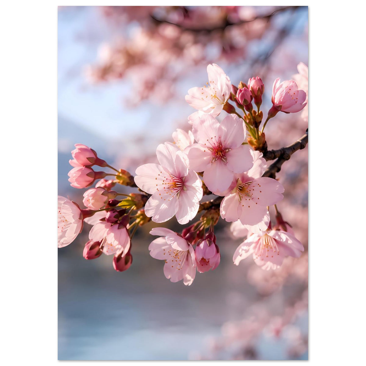 Hochformat-Poster mit rosa Kirschblüten an dunklem Ast, weißer Rand