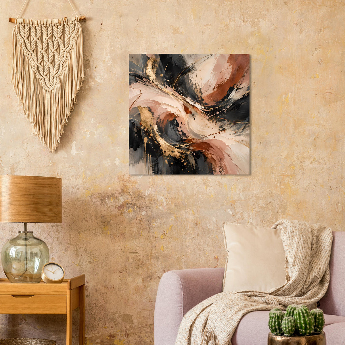 Abstraktes Kunstposter mit warmen Erdtönen, Beige- und Rostbraunflächen sowie schwarzen Akzenten