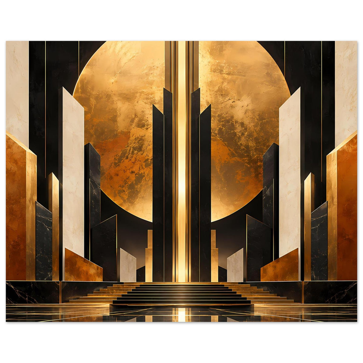 Art-deco Poster mit gold-schwarzem Treppenaufgang, zentraler Leuchtsäule und Rundbogen