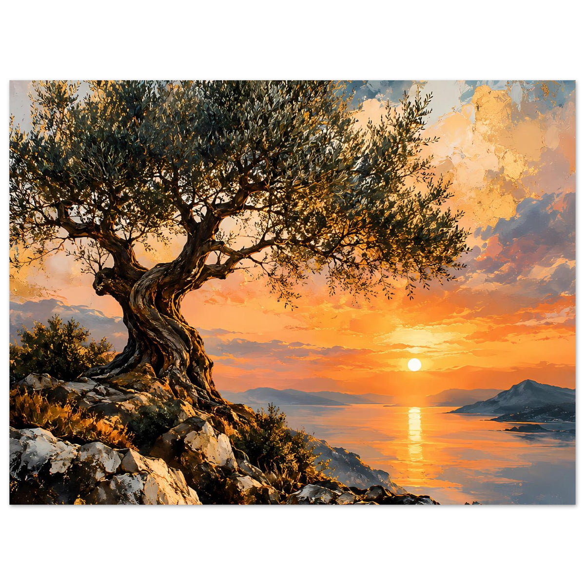 Olivenbaum-Poster im Querformat: Olivenbaum auf Felsen, Sonnenuntergangsfarben und Meerreflexe