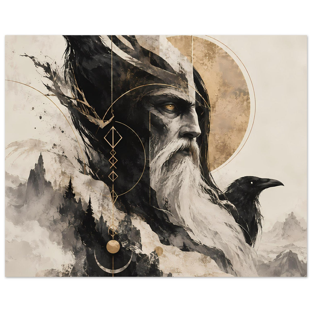 Kunstposter mit Wikingerfigur im Profil, schwarzen Raben und goldener Kreissilhouette