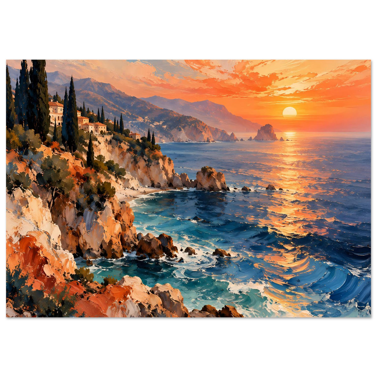 Küstenlandschaftsposter im Querformat mit Sonnenuntergang über dem Meer und Klippenküste