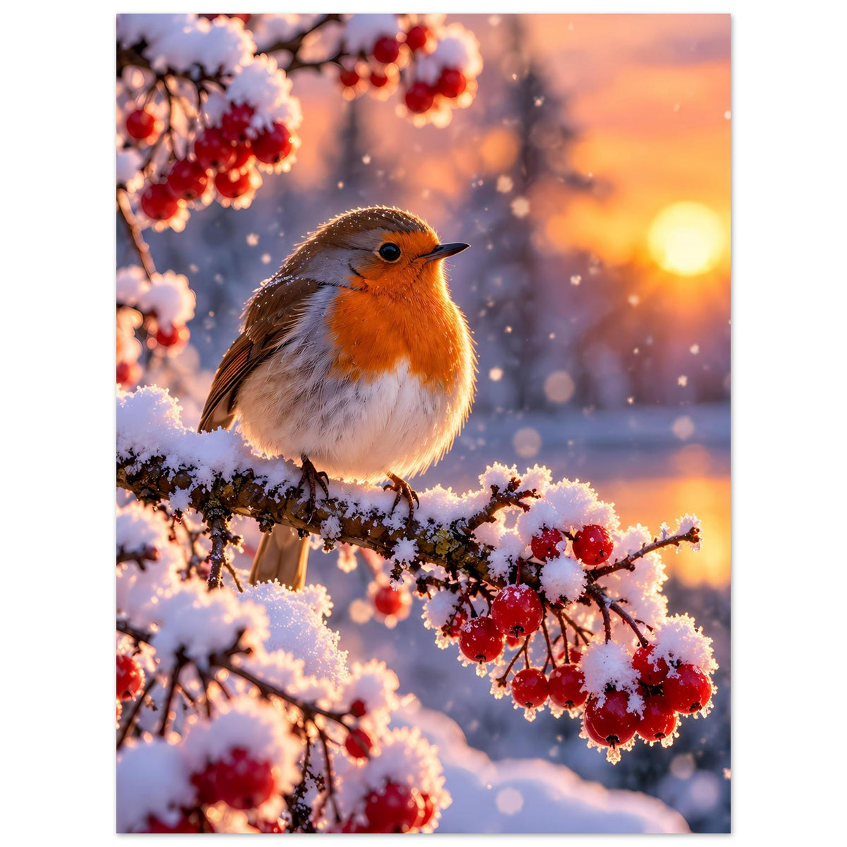 Hochkant-Poster: Rotkehlchen auf winterlichem Zweig mit roten Beeren und warmem Licht
