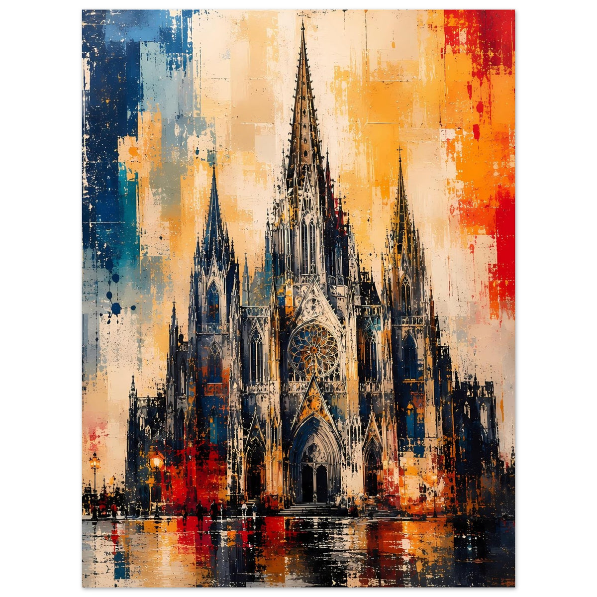 Gotisches Kathedralen-Poster im quadratischen Format mit buntem Farbverlauf und Kirchenfassade