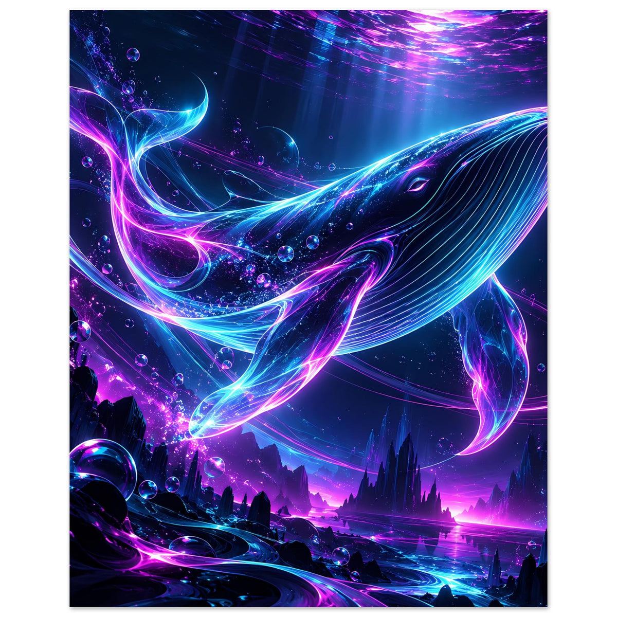 Neon-Wal Poster im Hochformat, leuchtender Wal in Pink und Blau