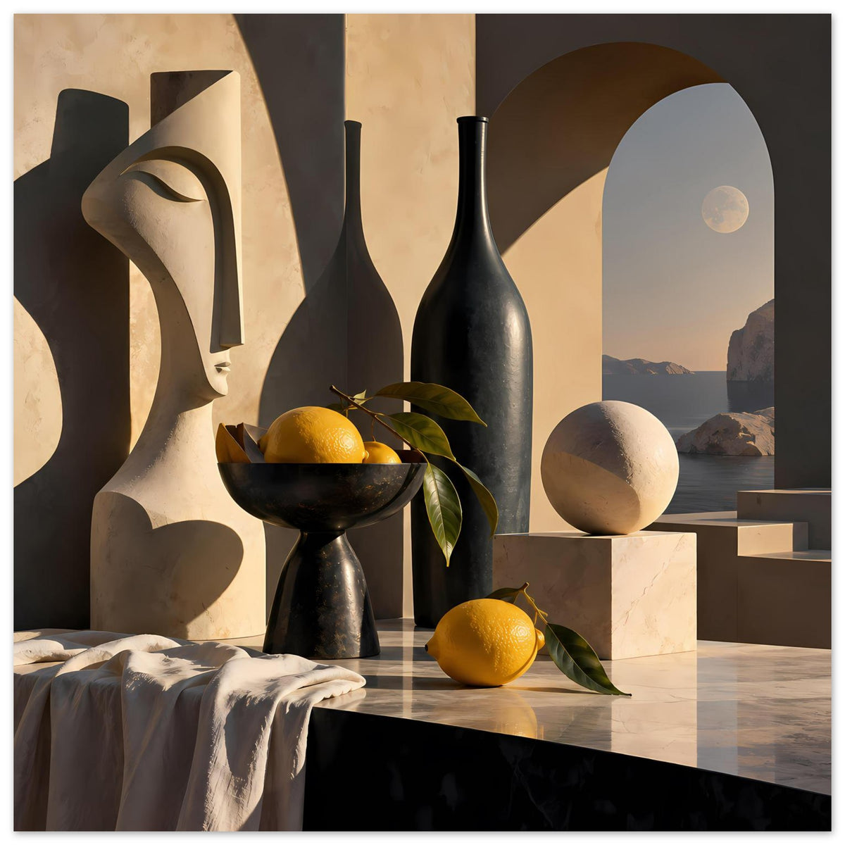 Hochformatiges Poster mit Stillleben: schwarze Vase, Zitrone, Blatt, Skulptur und Mond am Meer