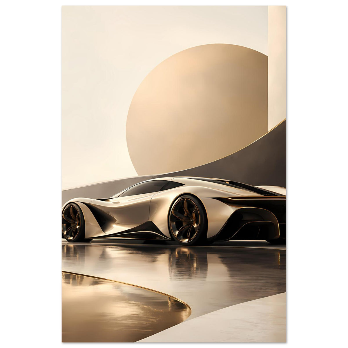 Autoposter im Hochformat mit Luxus-Sportwagen in Schwarz/Silber und goldenen Felgen