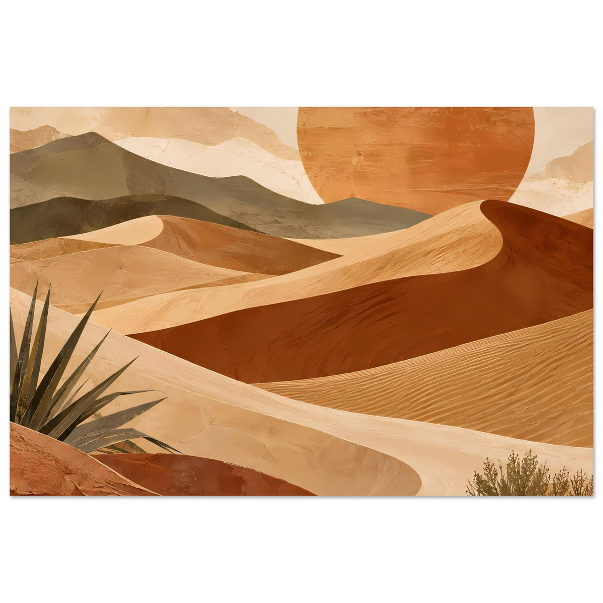 Wüsten-Poster mit warmen Farbtönen: Dünenlandschaft, helles Tal und orange Sonnenkreis oben