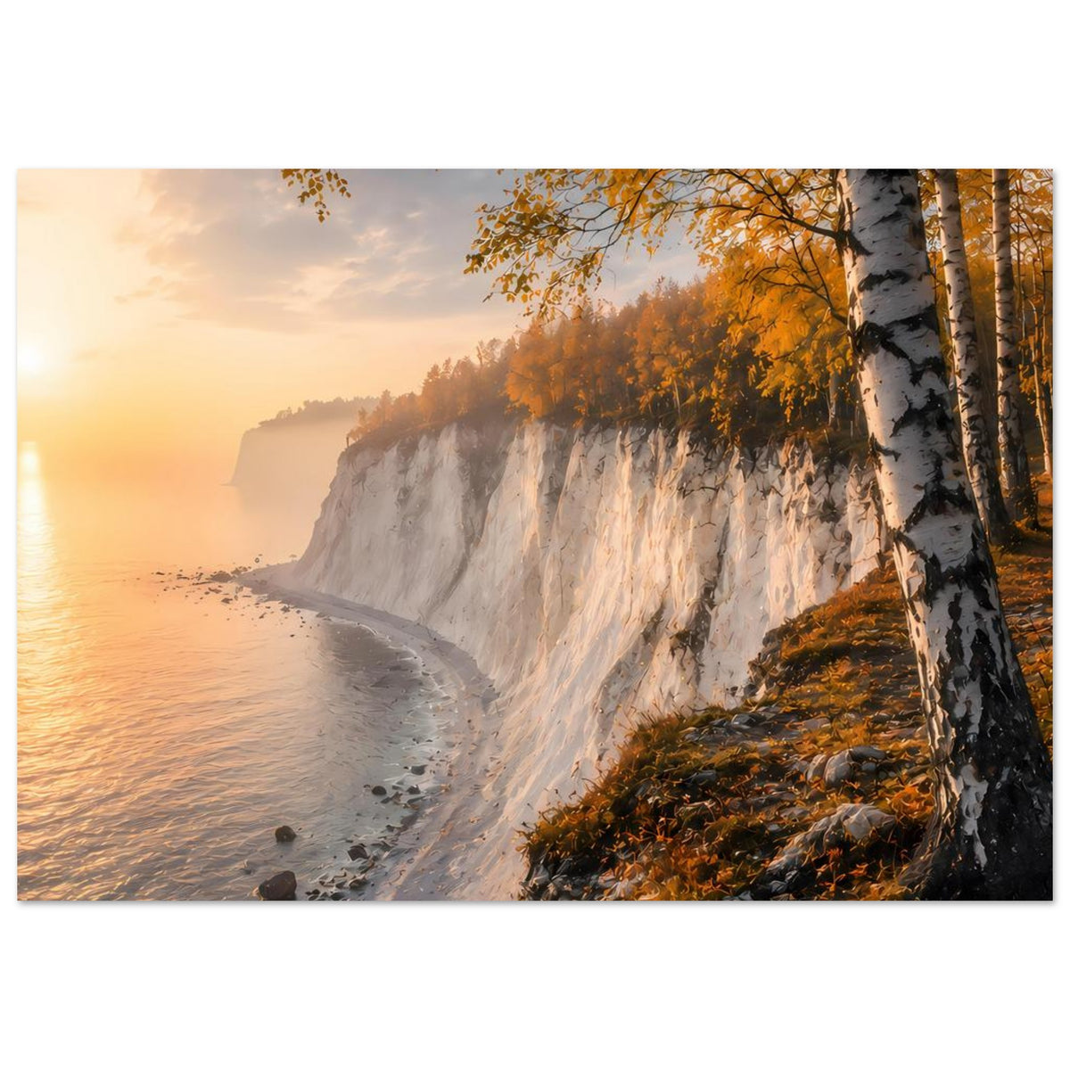 Horizontales Poster mit Steilküste, Birkenzweigen im Vordergrund und Herbststimmung