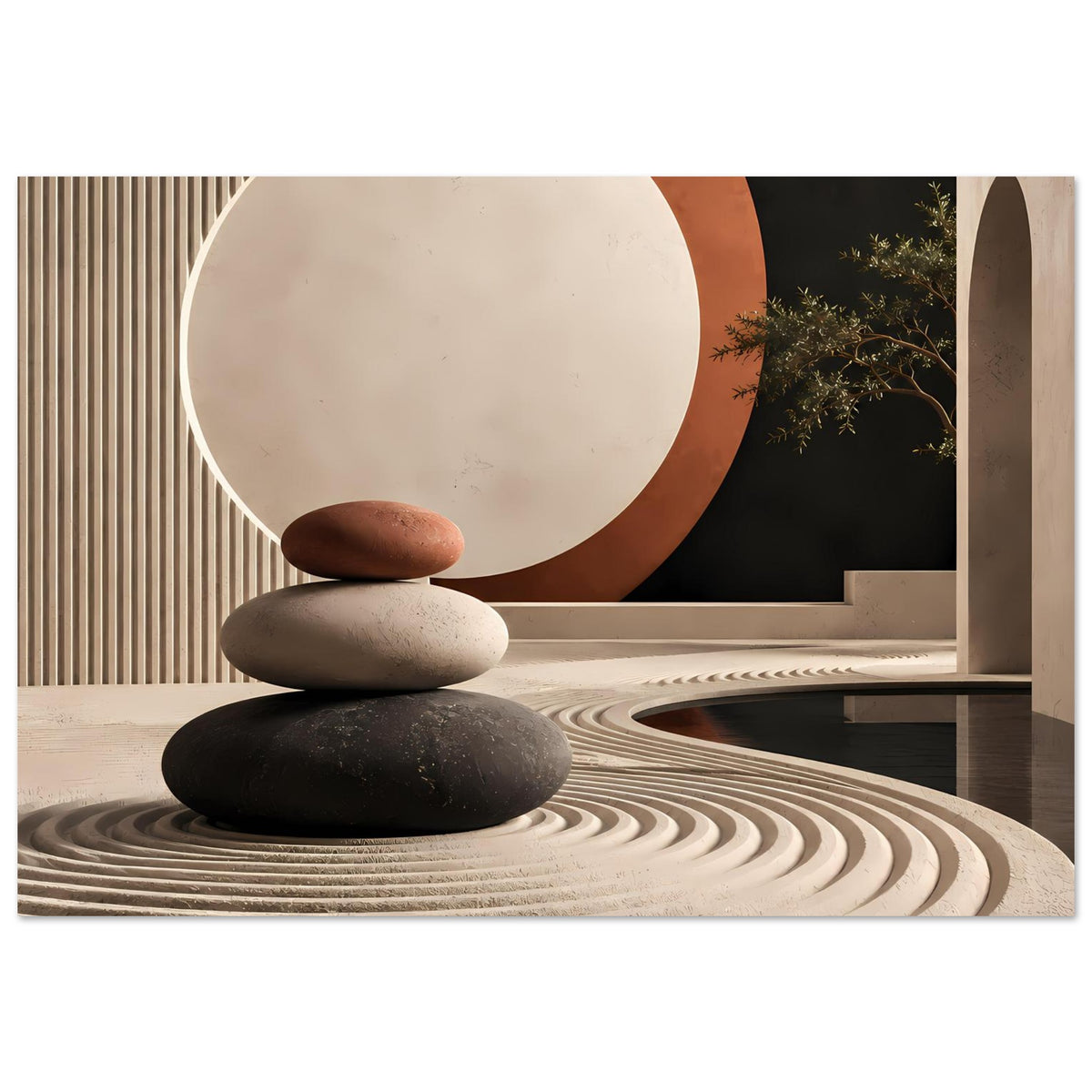 Minimalistisches Kunstposter: Zen-Steine und abstrakter Kreis, Terrakotta-Akzent im Hintergrund.