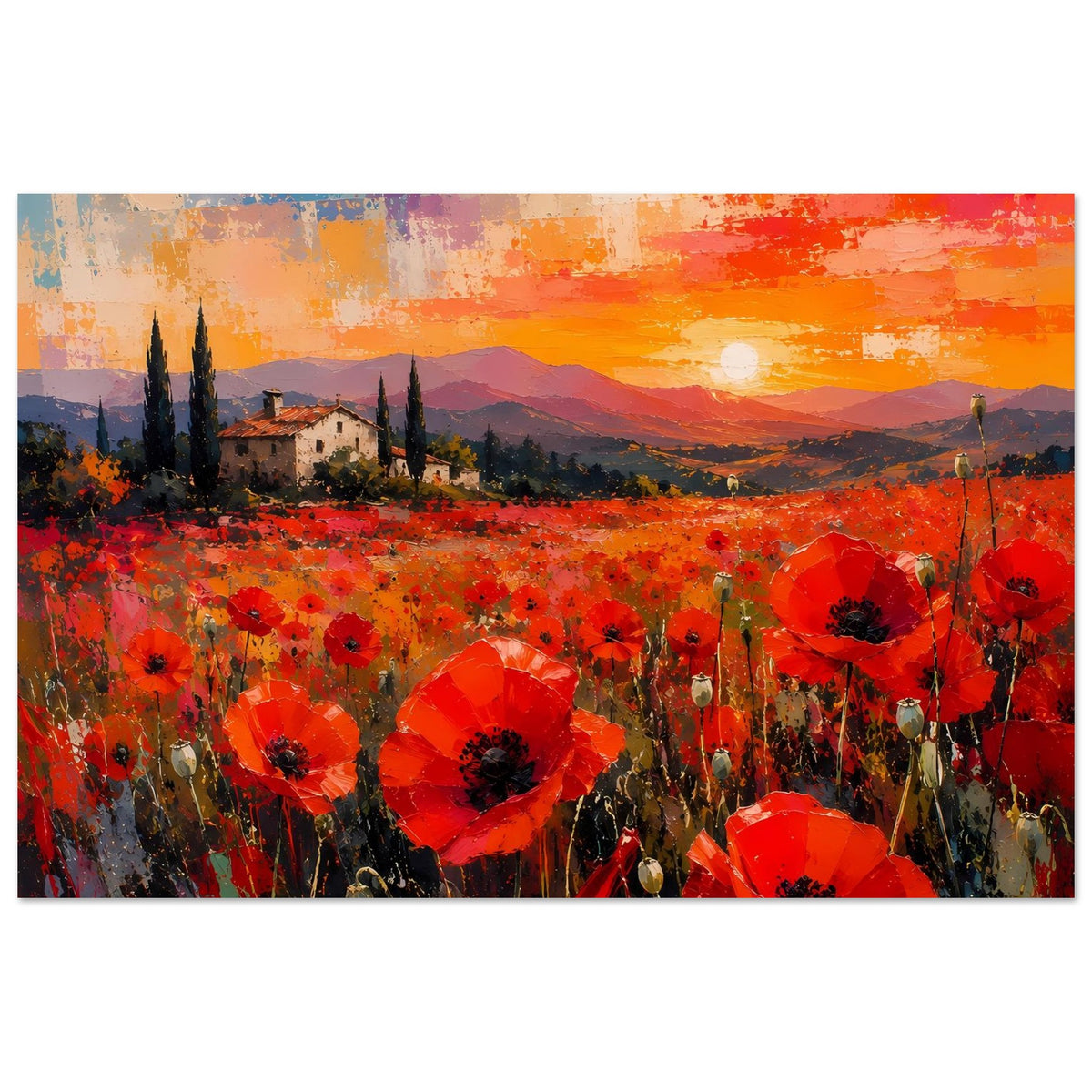 Poster mit rotem Mohnfeld, Dorf im Hintergrund und Sonnenuntergang