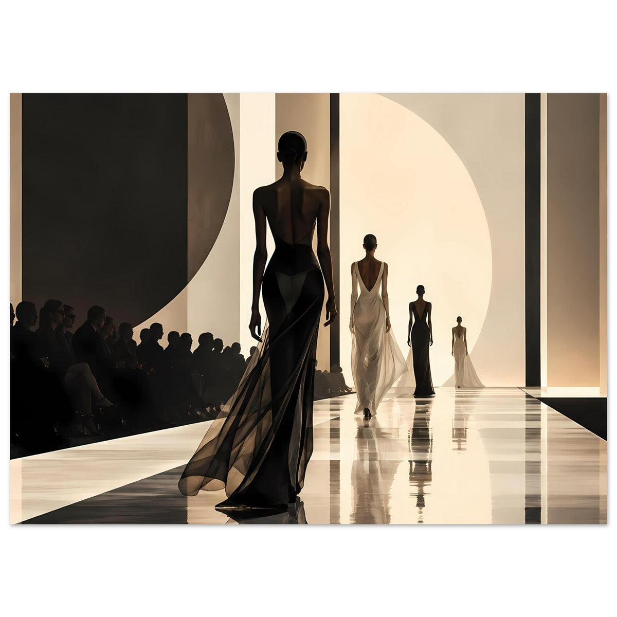 Poster im Querformat mit Laufsteg-Silhouetten in Schwarz und Beige, modern