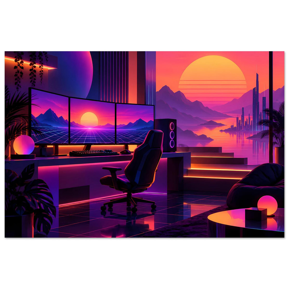 Neon-Retro-Poster: Blick auf Neon-Sonnenuntergang, Sitzecke, Leuchtlinien und Spiegelungen