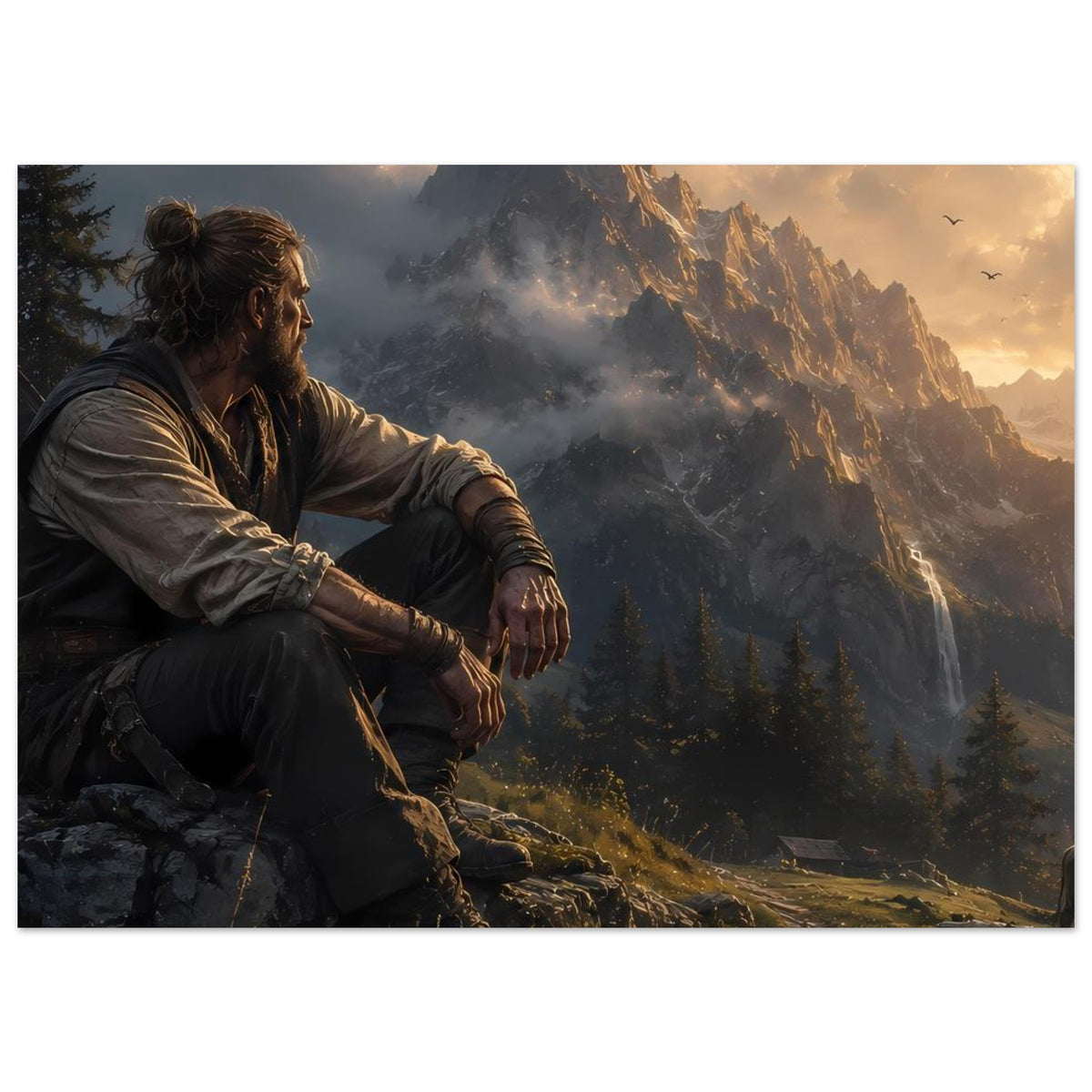Horizontales Poster mit Berglandschaft: Mann sitzt am Felsen, Sonnenlicht über Gipfeln.