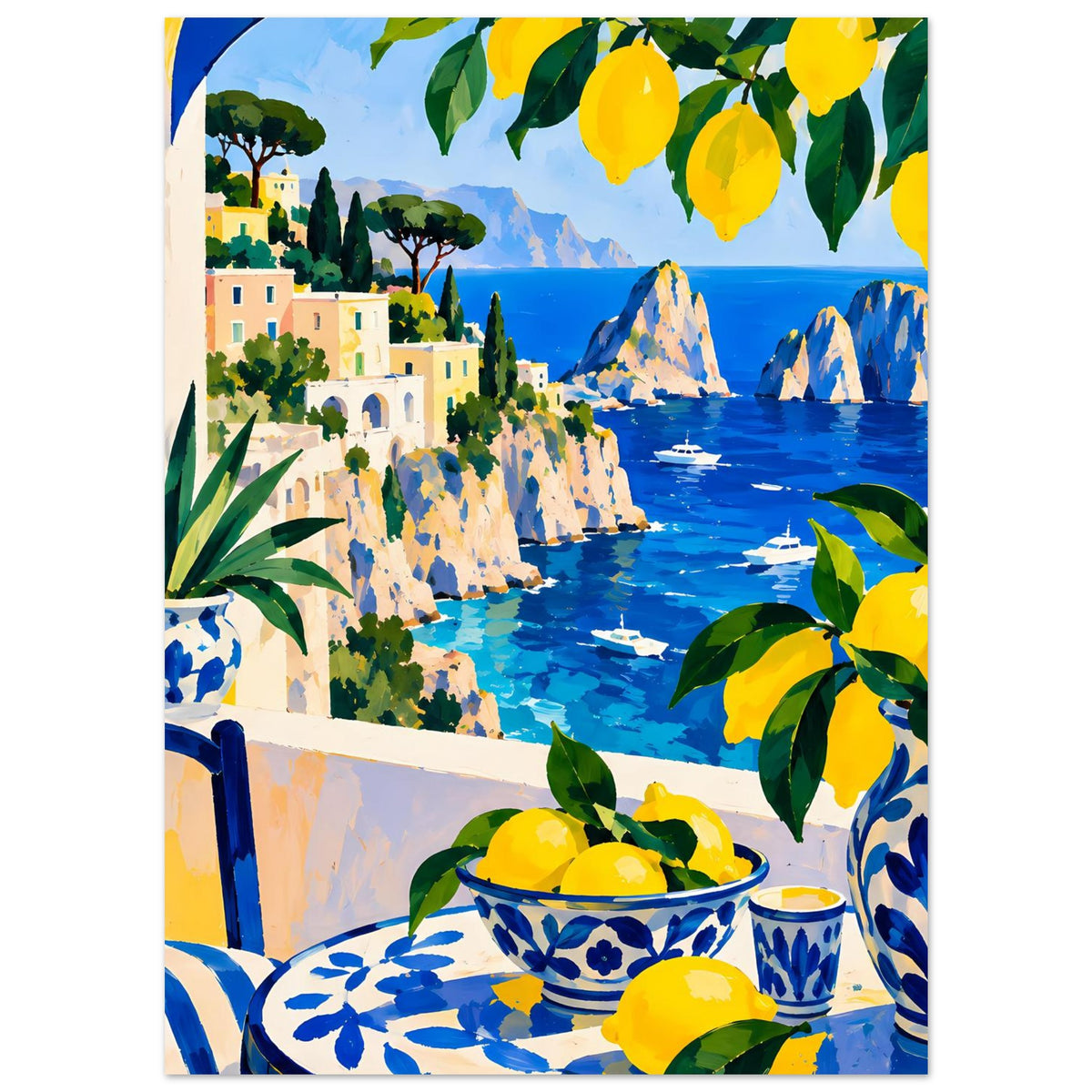 Vertikales Poster mit mediterranem Küstenmotiv: Zitronen, Meer in Blau und blaue Keramikschalen