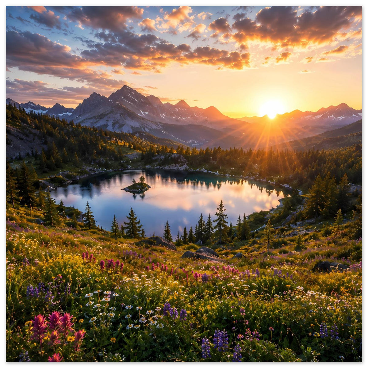 Gerahmtes Poster: Bergsee bei goldenem Sonnenuntergang, Tannen und blühende Wiese.