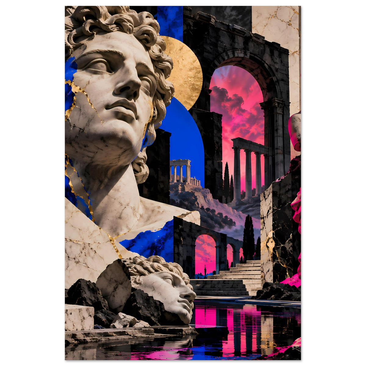 Vertikales Poster mit antiker Statue, blauem Farbblock, pinken Highlights und Marmortextur