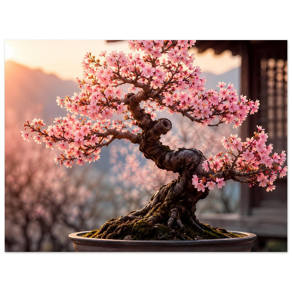 Poster mit blühendem Bonsai und rosa Blütenzweigen über schwarzer Schale