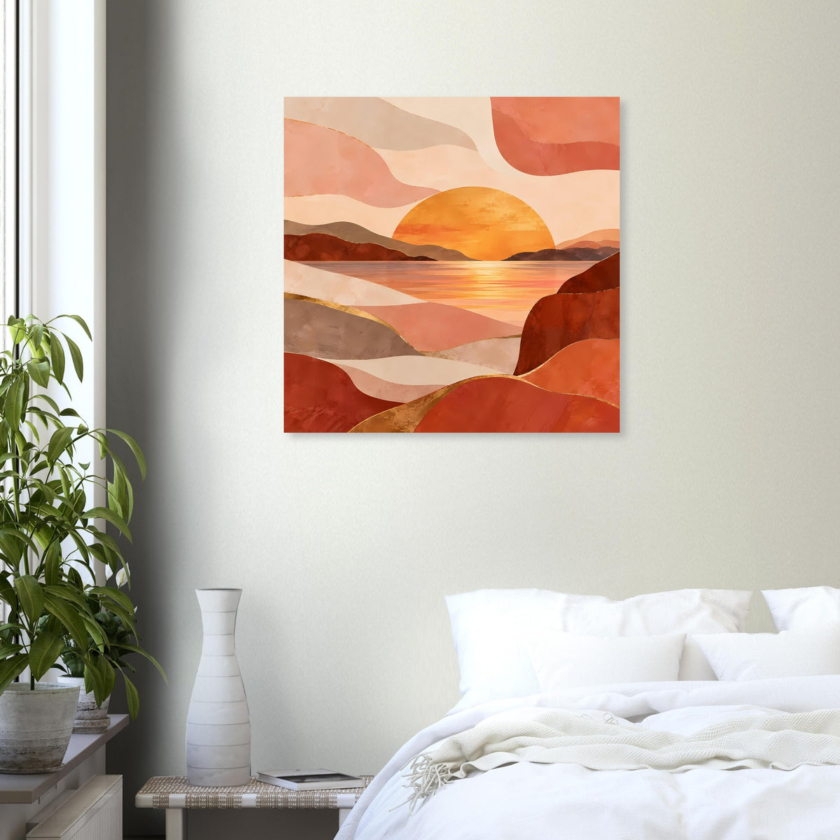 Quadratisches Poster mit Sonnenuntergangsszene und welligen Landschaftsformen in warmen Tönen