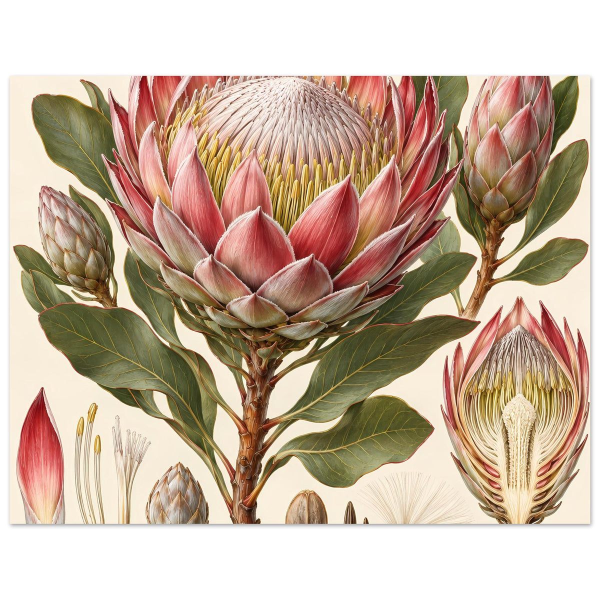 Blumenposter mit Protea-Blüte und Blüten-Detailbild rechts, mattes Papier, quer