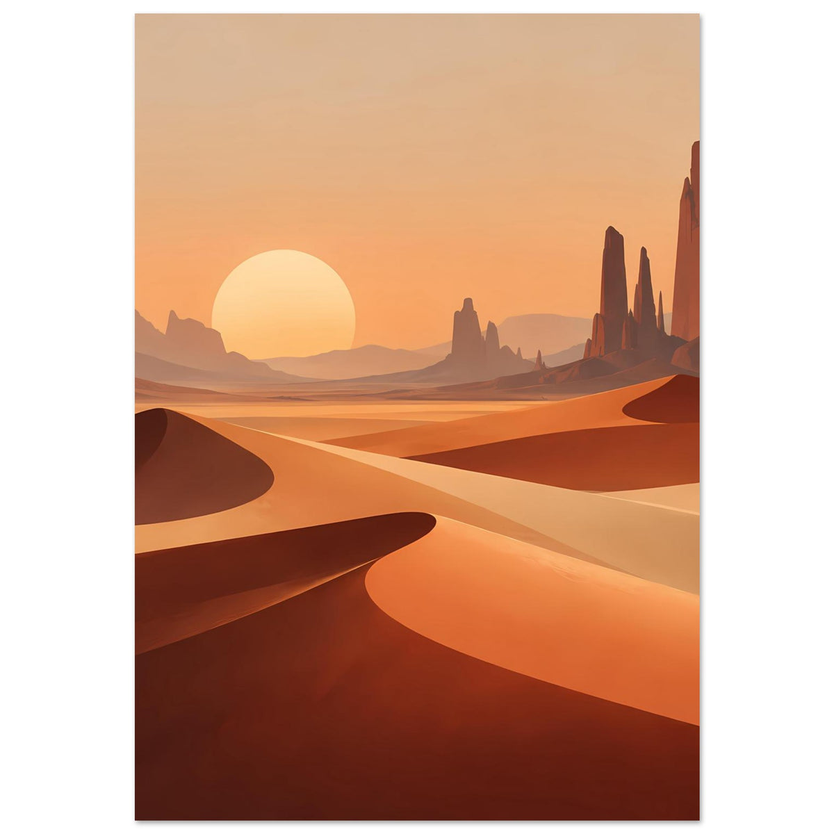 Minimalistisches Poster: Sanddünen mit großer Sonne und Felsnadeln, warmes Orange-Beige
