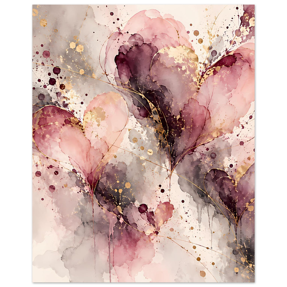 Kunstposter mit abstrakten Herzen in Rosa, Lila und Gold, vertikal