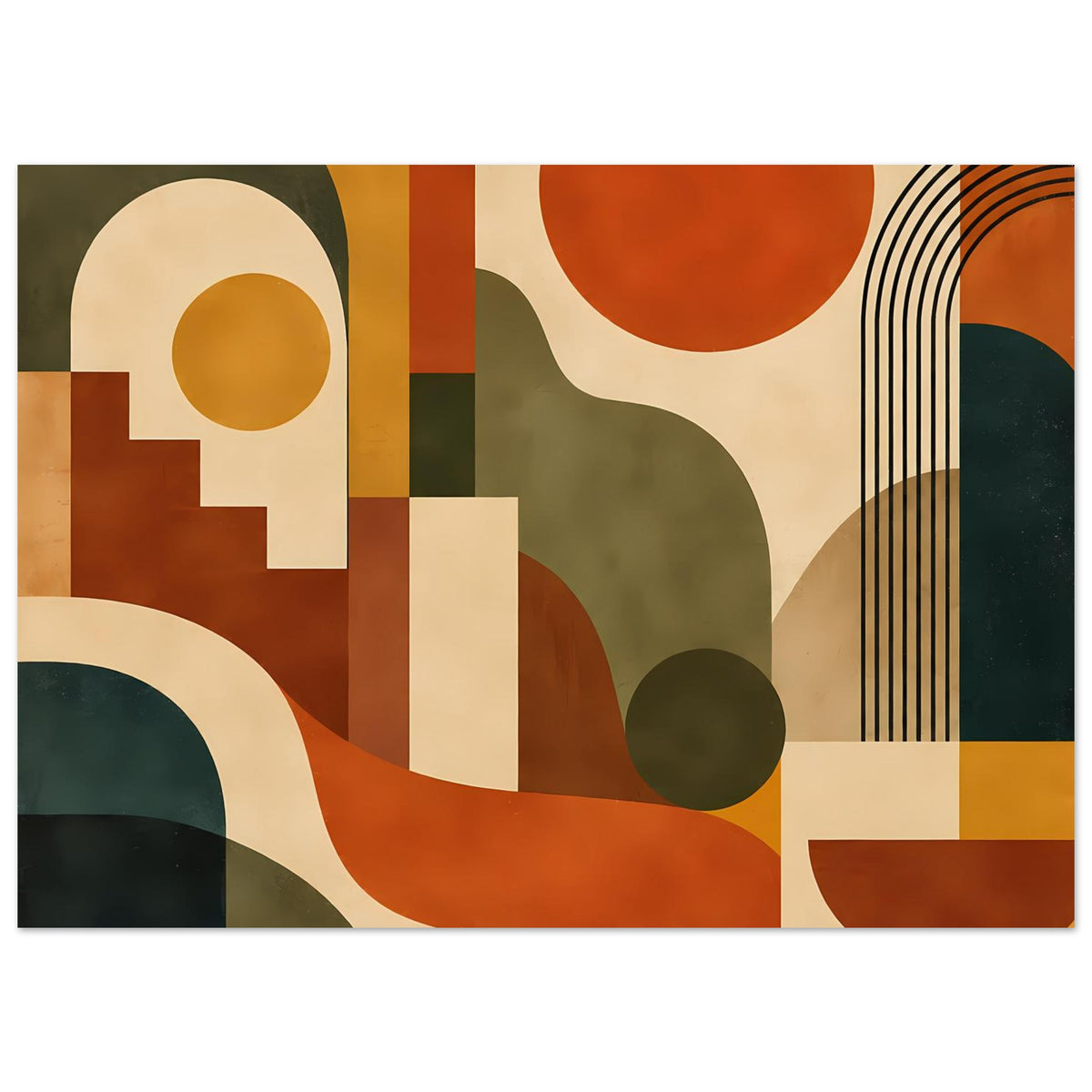 Abstrakter Mid-Century-Kunstdruck mit geometrischen Kreisen, Balken und warmen Farbfeldern