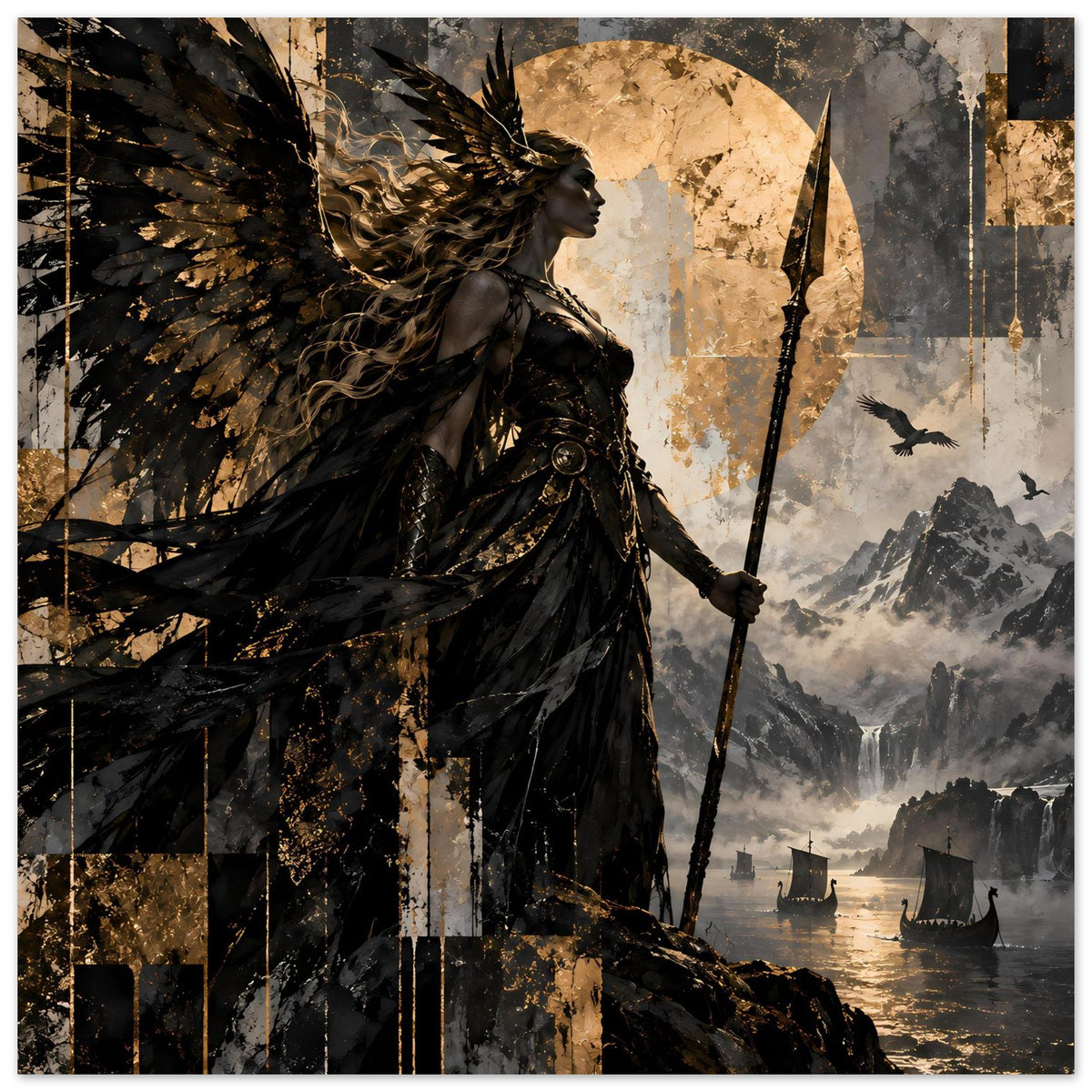 Kunstposter: Valkyrie mit Speer, Flügeln und Bergsee-Szene im Hintergrund