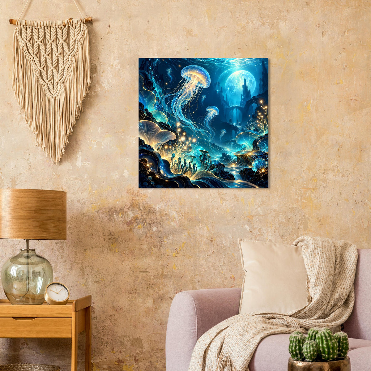 Unterwasserwelt-Poster in Blau und Gold mit Qualle, Riff und leuchtenden Blasen