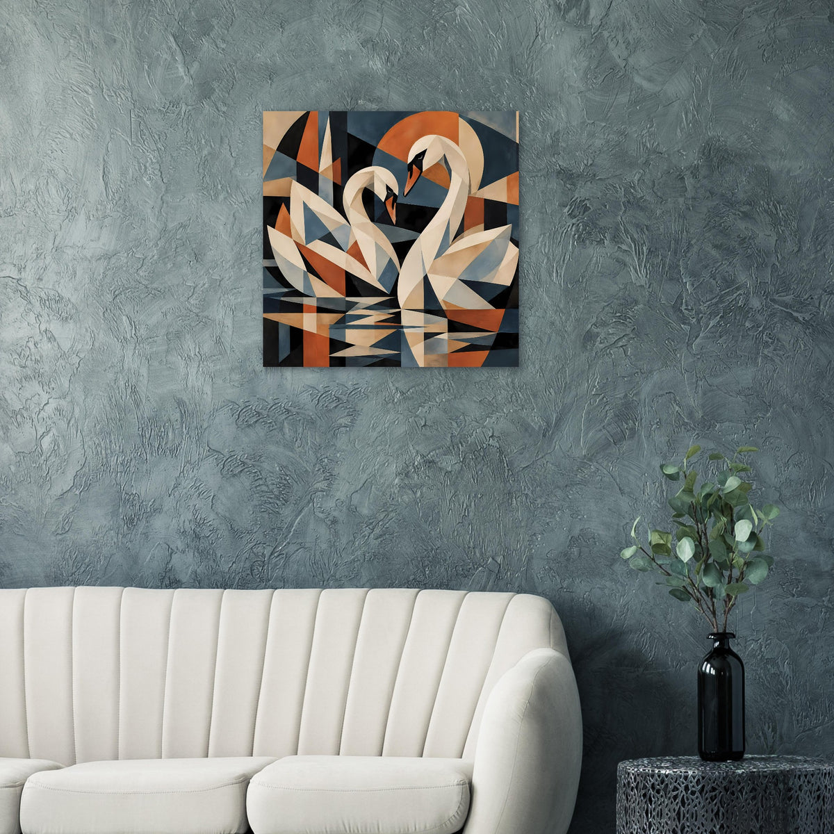 Kubistisches Schwanen-Poster mit kubistischer Schwanform in Beige, Blau, Schwarz und Braun