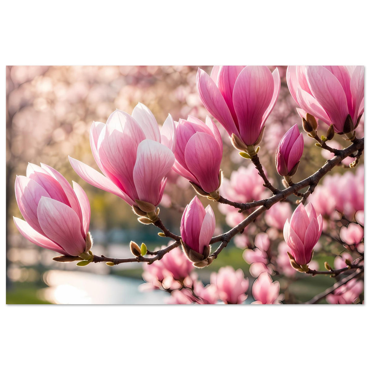 Blumenposter mit Magnolienblüten in Rosa und Weiß an verzweigtem Geäst