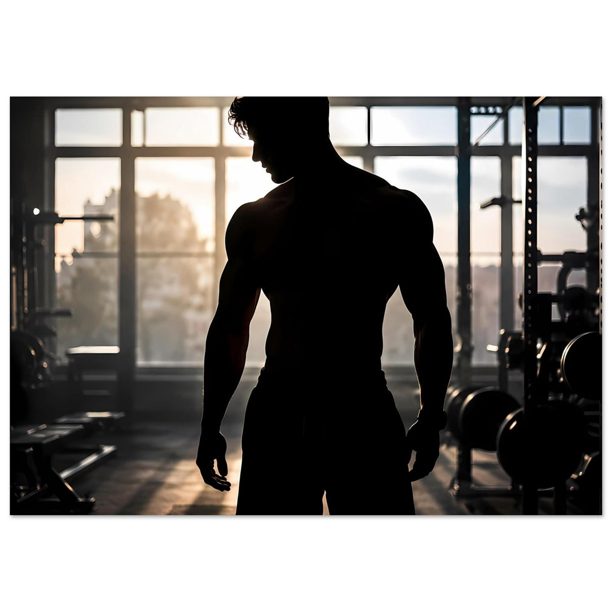 Fitness-Poster mit Silhouette eines muskulösen Mannes, Ganzkörperansicht mit gleichmäßiger Ausrichtung